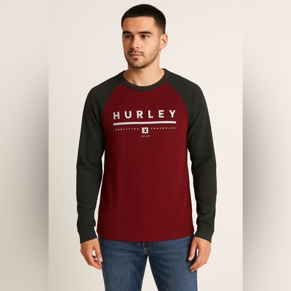 Hurley Burgundy & Charcoal Gray Long Sleeve Waffle Knit Thermal Shirt Size S